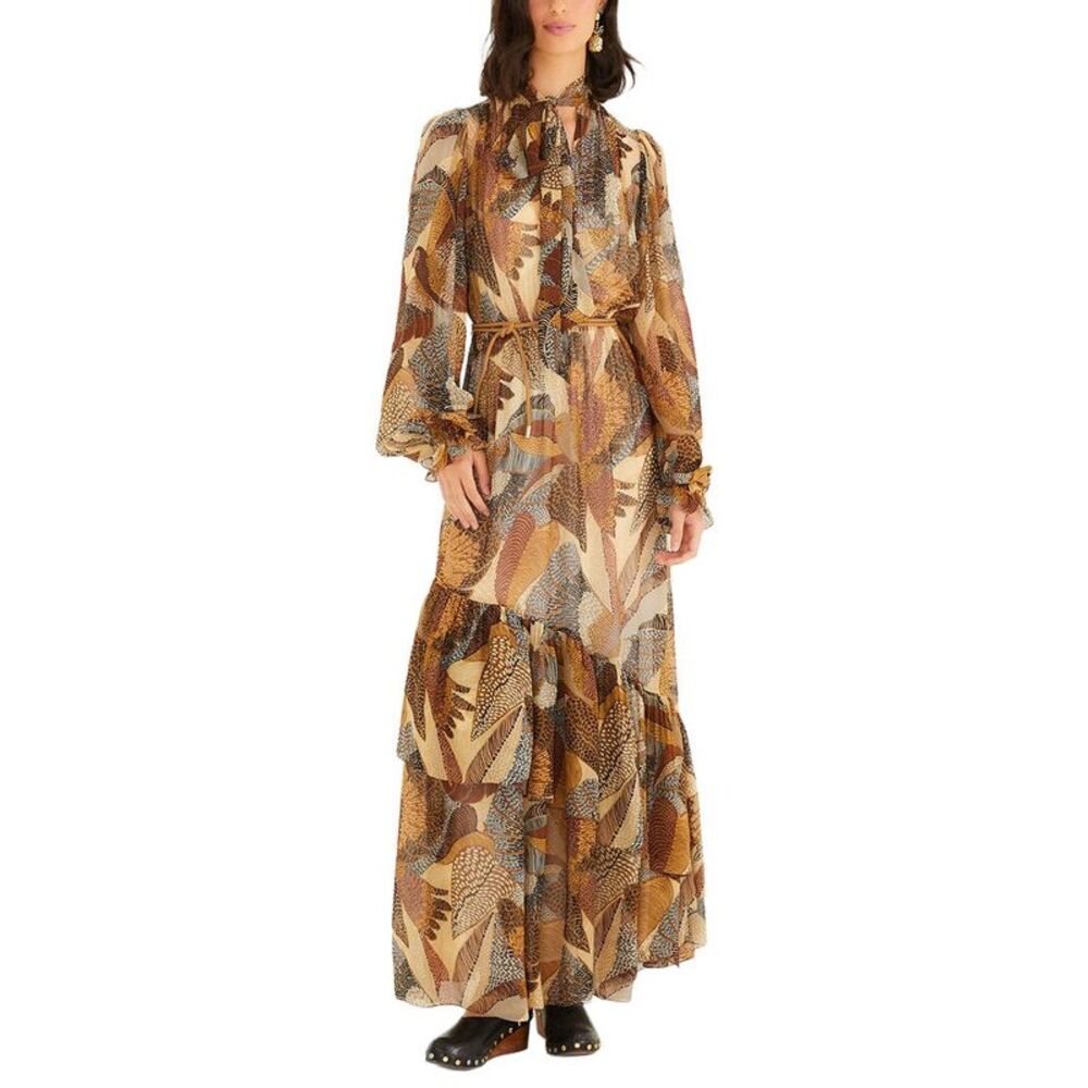 Farm Rio Womens Dotted Macaws Cream Long Sleeve Maxi Dress